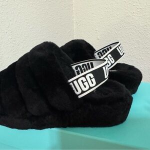 UGG Black Fluffy Slides with Logo Strap